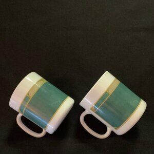 Arcopal Cortina France Coffee Mug Cup Green & White Geometric Set Of 2